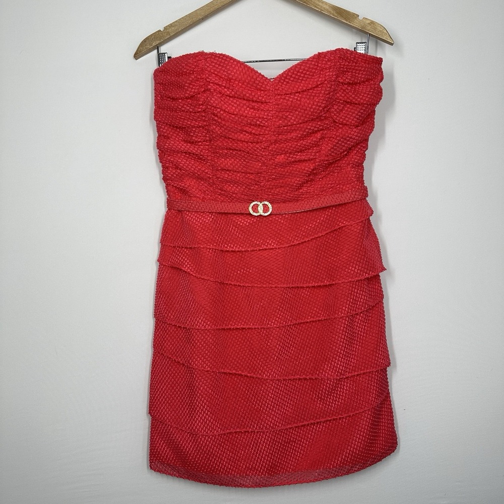 Pink strapless cocktail party dress sweetheart neckline ruche tiered skirt Small